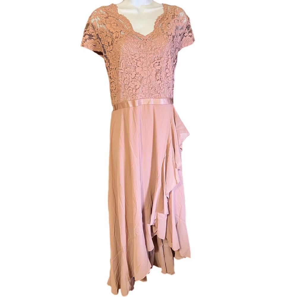 V Neck Elegant Lace Ruffle Maxi Dress Party Dress Pink Size 2XL
